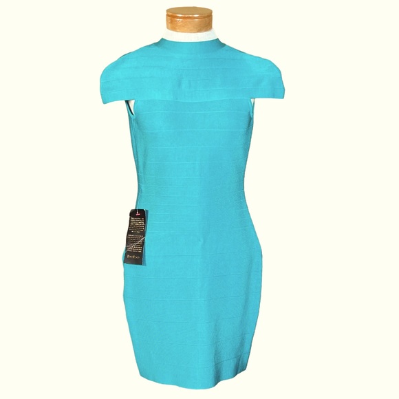 bebe Dresses & Skirts - Bebe Mock Neck Bandage Dress 👗 Body Con Structured Cap Sleeves Teal XS N…